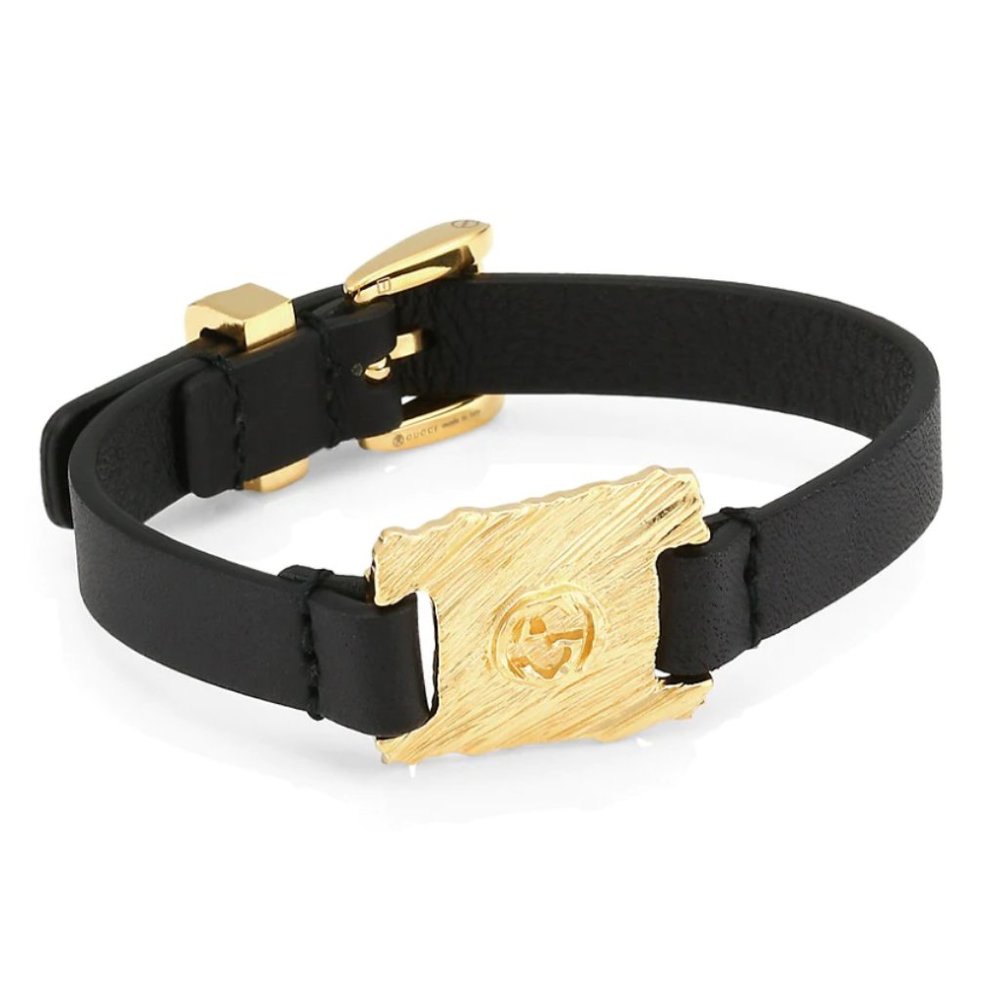 Gucci GG Textured Metal & Leather Bracelet Black NEW IN BOX - Picture 2 of 8